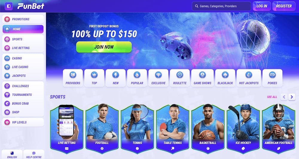 FunBet Casino homepage featuring a colorful header promoting a first deposit bonus of 100% up to $150, with a vibrant interface showcasing sports betting options like football, basketball, and tennis.