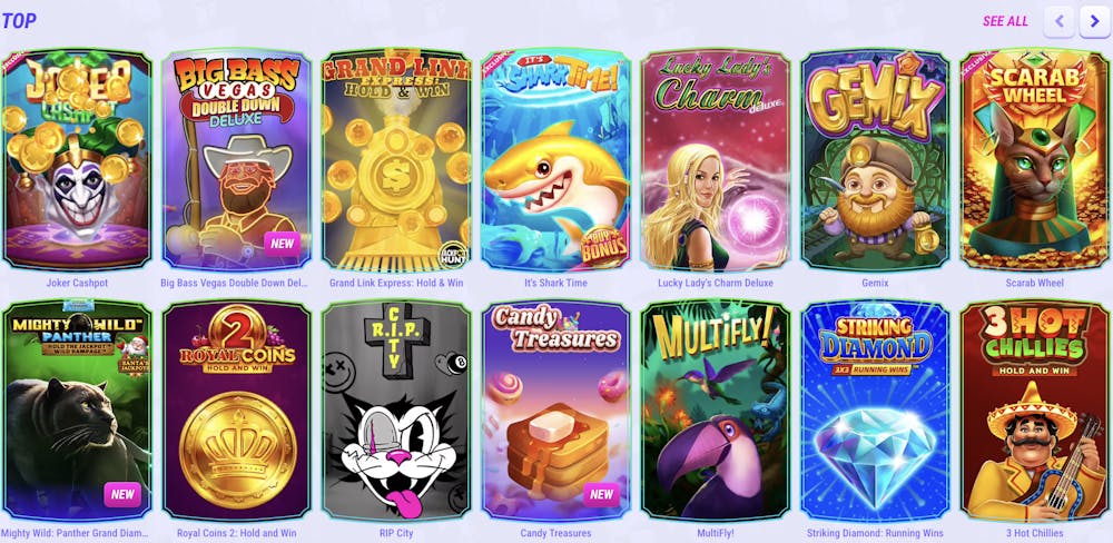 Selection of popular casino games including Joker Cashpot, Big Bass Vegas Double Down Deluxe, Lucky Lady's Charm Deluxe, and Scarab Wheel, featuring colorful and themed thumbnails.