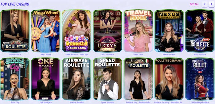 Grid showcasing live casino games such as Speed Roulette, Mega Wheel, Sweet Bonanza CandyLand, and Travel Fever, with vibrant graphics and professional presenters.