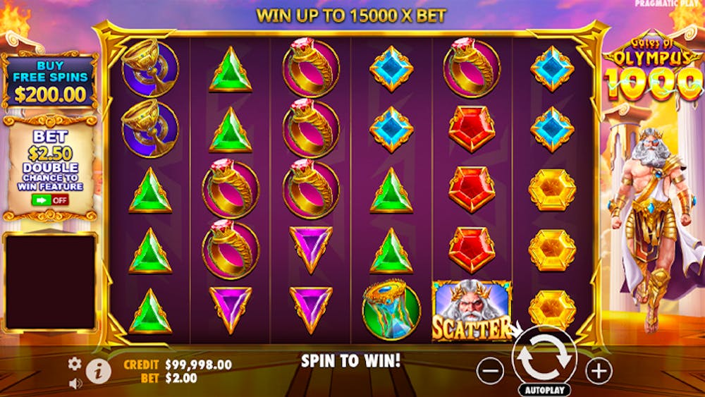 A vibrant screenshot of the Gates of Olympus online slot game by Pragmatic Play, featuring a mythical Greek theme. The reels showcase brightly coloured symbols such as gemstones, golden rings, and a crown. A 