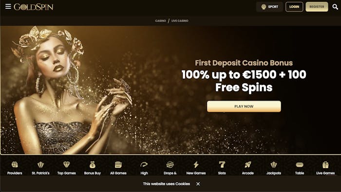 : The homepage of Goldspin Casino, displaying a promotional banner for the