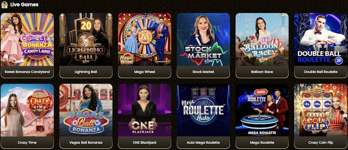A live casino section with multiple game options like