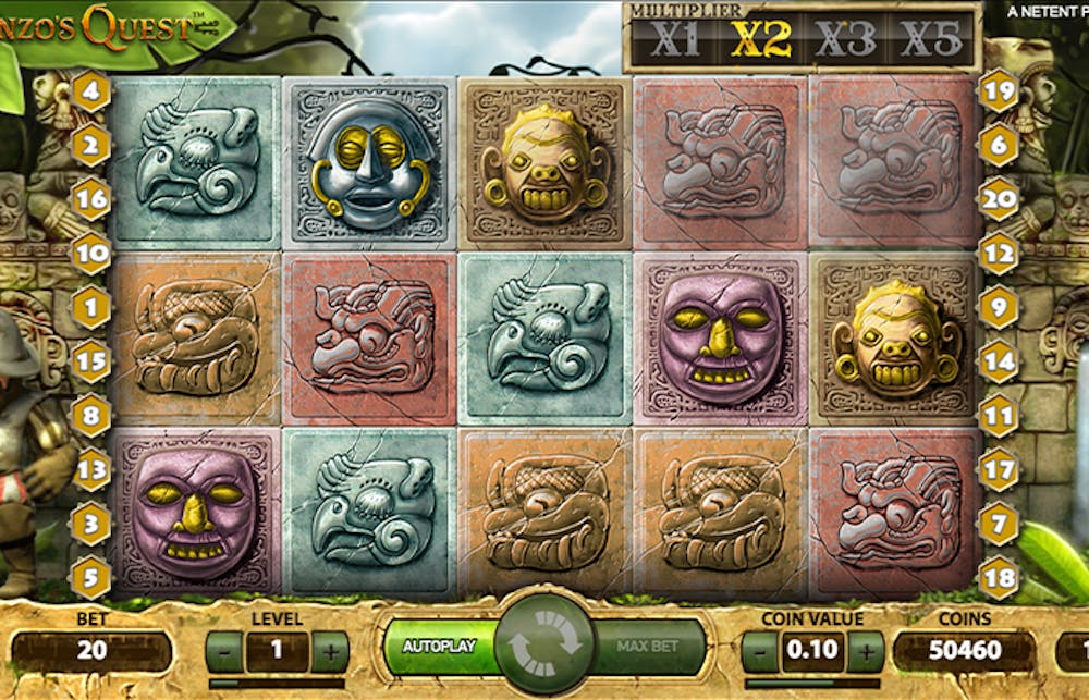 Gameplay screen of Gonzo's Quest slot by NetEnt, featuring a 5x3 reel layout with stone-carved symbols in various colours, including faces and animals, set against a jungle backdrop. Multipliers up to x5 are displayed above the reels.