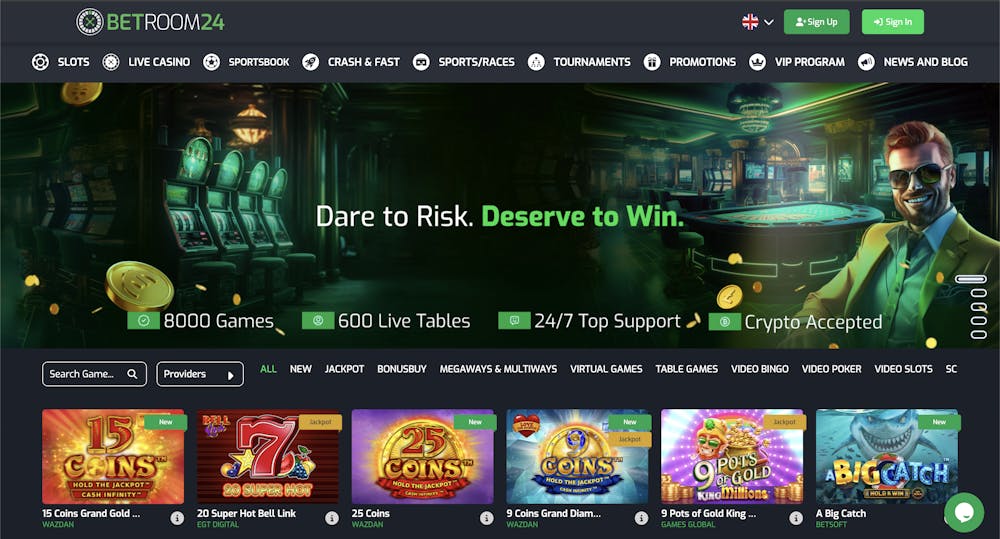 home page of betroom24 casino with green theme and mascot menu on top and games displayed below