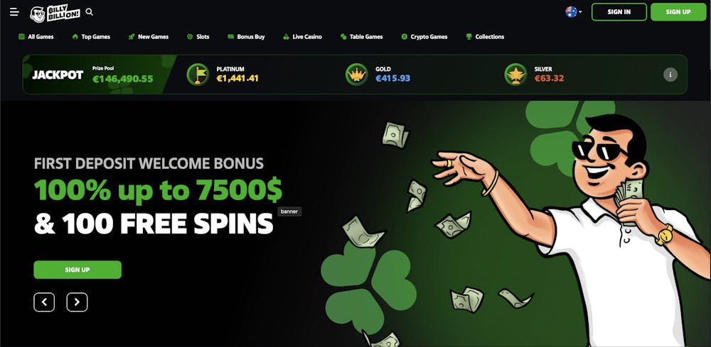 home page of billy billion casino displayed welcome bonus with mascot and green theme