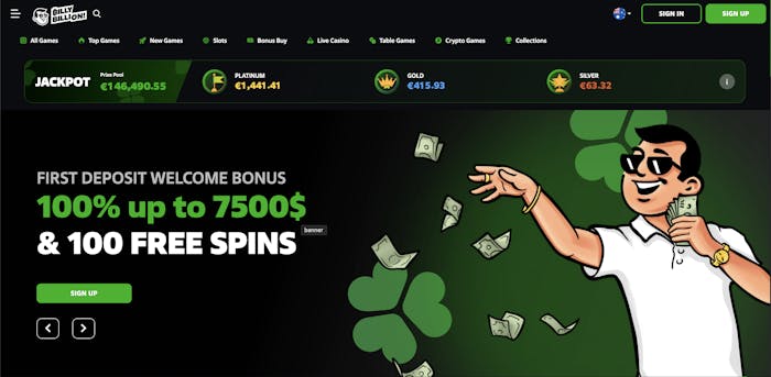 home page of billy billion casino displayed welcome bonus with mascot and green theme