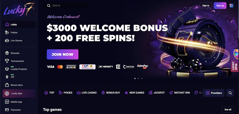 home page of lucky7even casino with welcome bonus and menu displayed