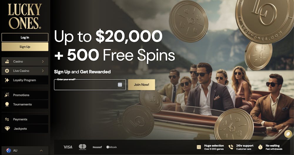 home page of lucky ones casino with welcome bonus promotion displayed next to menu