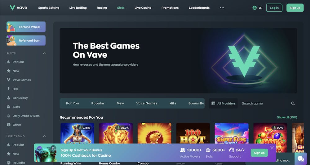 home page of vave casino with games promotions and menu