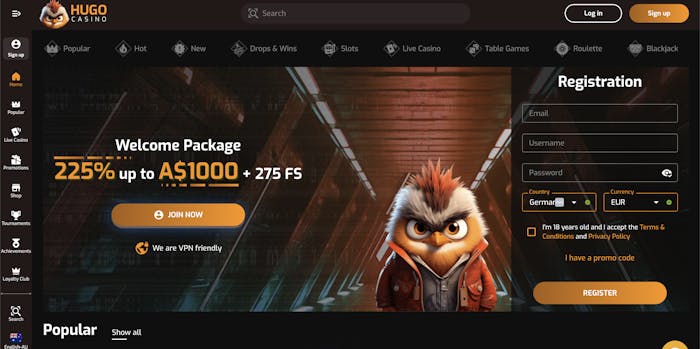 hugo casino sign up page