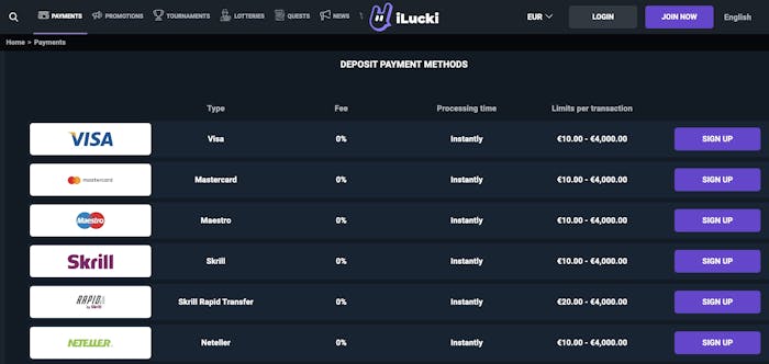 There are lots of online payment methods available at iLucki Casino.