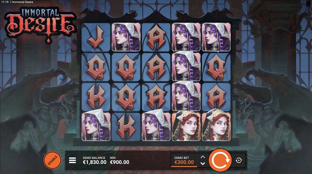 high and low paying symbols, including various vampires, displayed in the main screen of the immortal desire slot game