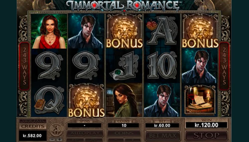 main gameplay screen of immortal romance with 3 bonus symbols prominently activated