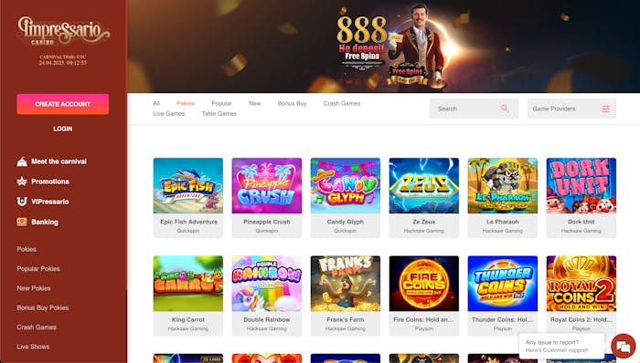 preview of the games available at Impressario Casino, with a focus on slots like Epic Fish Adventure, Pineapple Crush, Candy Glyph, and more, arranged in a grid layout.