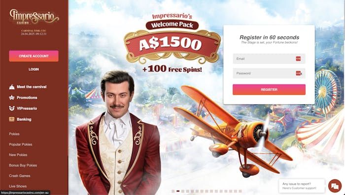 colorful homepage of Impressario Casino showing a welcome bonus pack of A$1500 + 100 free spins, with a stylish banner featuring a man dressed in a red coat standing in front of a carnival-themed background with an airplane flying above.