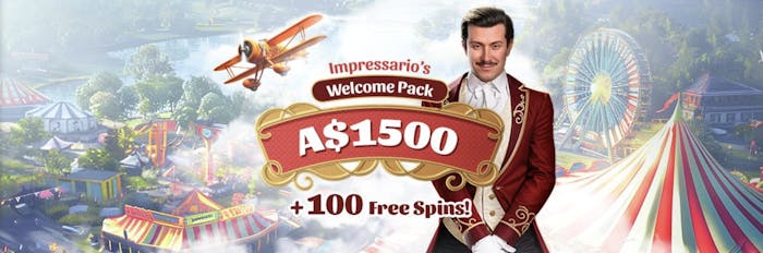 Impressario Casino's welcome pack, offering A$1500 + 100 free spins, with a background featuring carnival imagery, including a plane and colorful tents