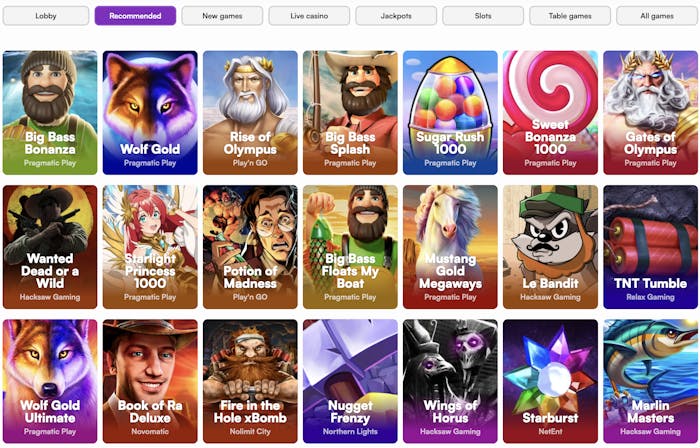 Instaspin's recommended online casino games, showcasing popular slots like Big Bass Bonanza, Wolf Gold, Gates of Olympus, and Wanted Dead or a Wild from providers like Pragmatic Play, Play'n GO, and Hacksaw Gaming.