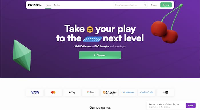 Instaspin casino homepage with a promotional banner offering a A$4,000 bonus and 100 free spins, a call-to-action button to sign up, and payment method icons including Visa, Mastercard, Bitcoin, and Google Pay.