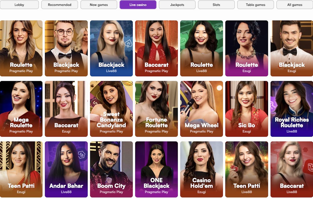 A selection of live casino games on Instaspin, featuring professional dealers hosting games like roulette, blackjack, baccarat, and game shows from providers like Pragmatic Play, Ezugi, and Live88.