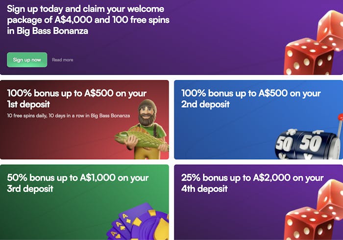 Instaspin casino welcome bonus promotions, including a A$4,000 welcome package, deposit match bonuses, and free spins on Big Bass Bonanza, displayed with colorful graphics.