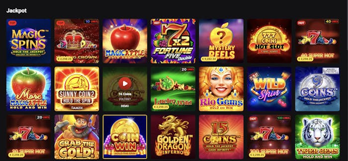 Rollero casino jackpot slots selection featuring high-paying games like Magic Spins, 7 Super Hot, Mystery Reels, Rio Gems, and Golden Dragon Inferno, with vibrant graphics and displayed jackpot amounts.
