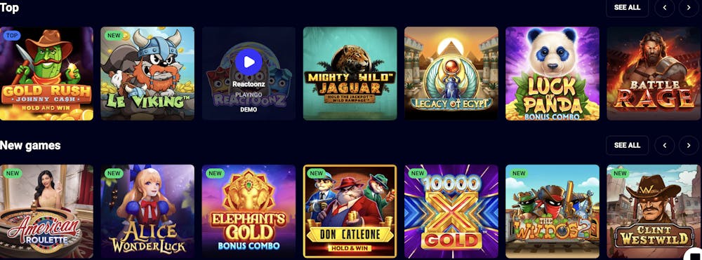 Jet4Bet Casino game lobby showing top and new online pokies like Gold Rush Johnny Cash, Reactoonz, and Don Catleone, with vibrant game icons in a grid layout.