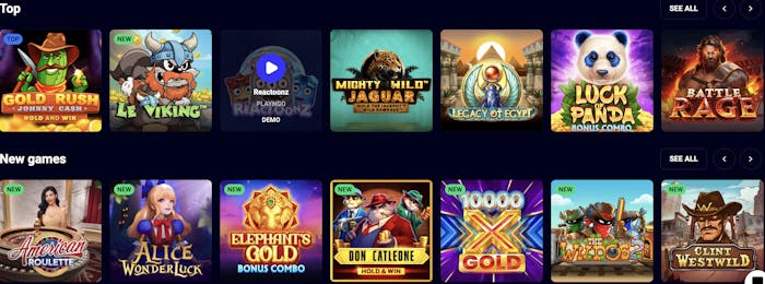 Jet4Bet Casino game lobby showing top and new online pokies like Gold Rush Johnny Cash, Reactoonz, and Don Catleone, with vibrant game icons in a grid layout.