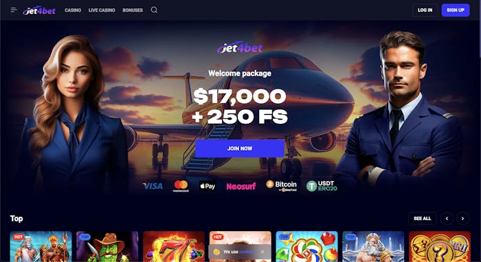 Jet4Bet Casino homepage featuring a pilot and flight attendant standing in front of a private jet, with a welcome bonus offer of $17,000 and 250 free spins displayed prominently
