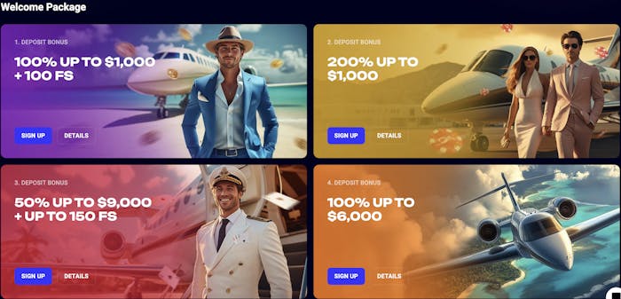 Jet4Bet Casino welcome package with four deposit bonuses shown, including offers up to $9,000 and free spins, each paired with luxury travel-themed imagery.