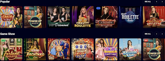 Jet4Bet live casino section displaying popular games such as Crazy Time, Gravity Roulette, and VIP Diamond Blackjack, with dealer images and colorful backgrounds.