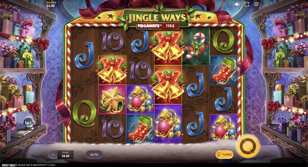 main reels of jingle ways, with the megaways win combinations displayed along with high pying symbols such as christmas bells, and playing card symbols