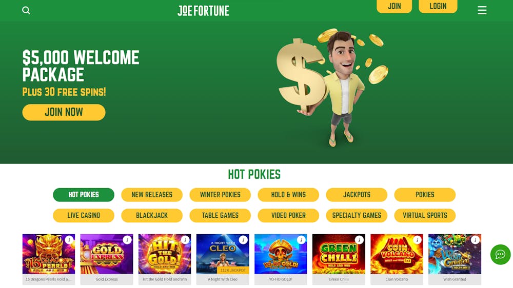 main page of Joe Fortune Casino website