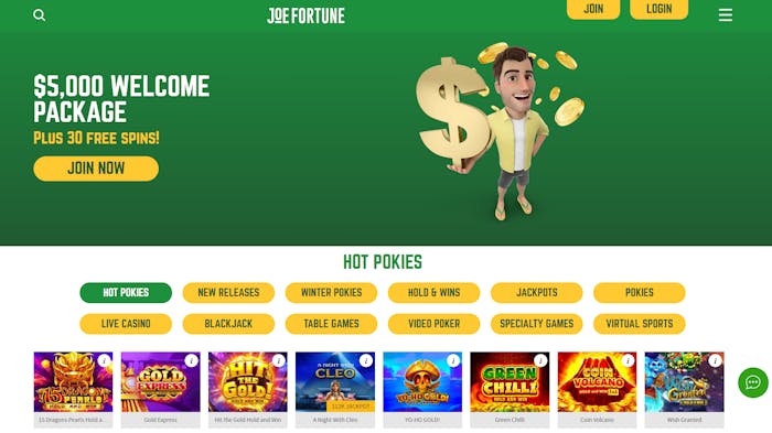 main page of Joe Fortune Casino website