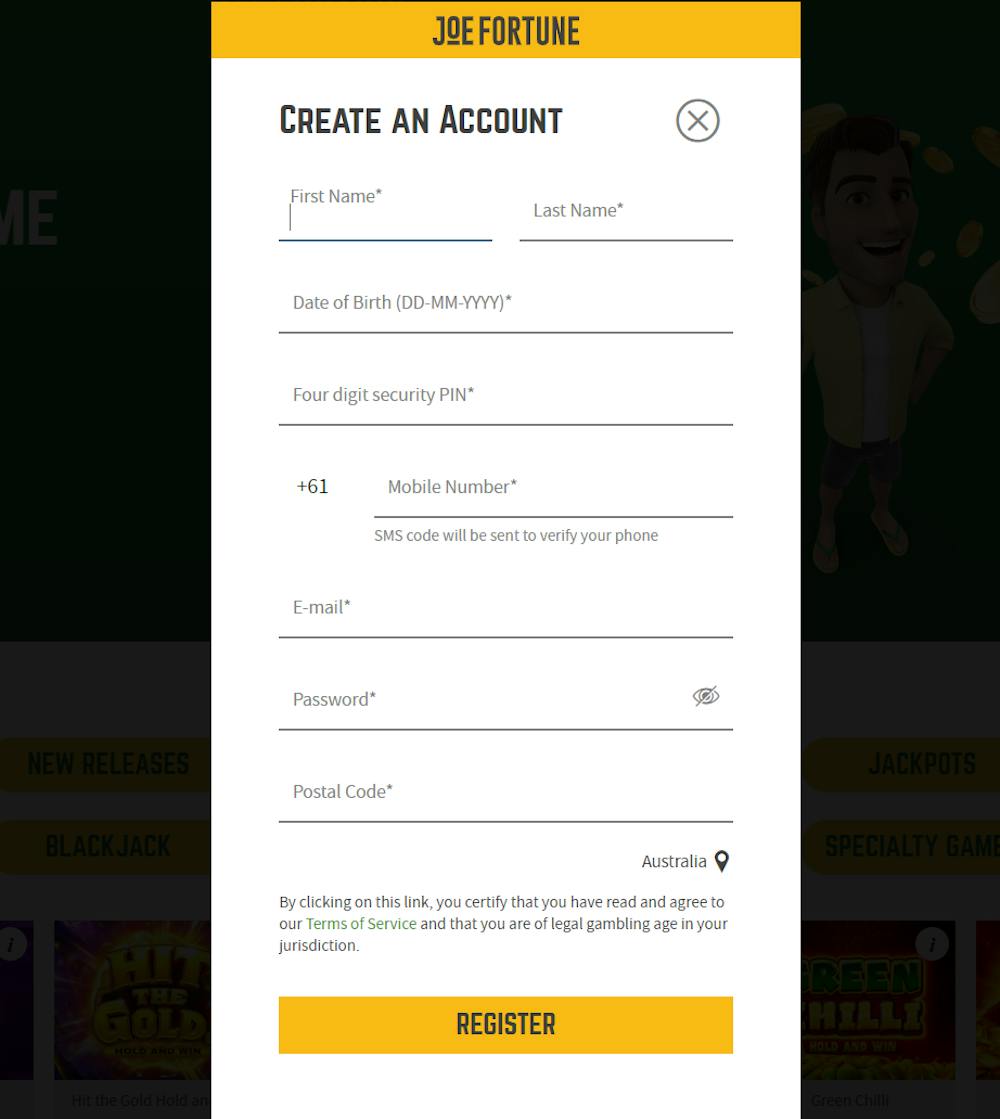 account sign up at Joe Fortune Casino