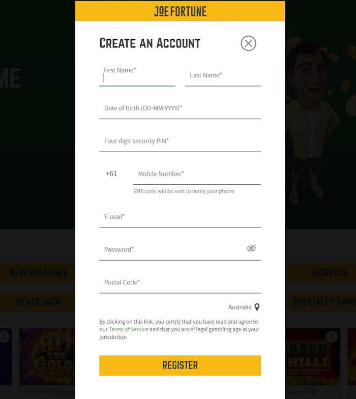 account sign up at Joe Fortune Casino