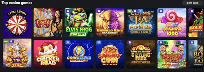 a selection of casino games available at king billy casino, with famous games such as crazy time and elvis frog