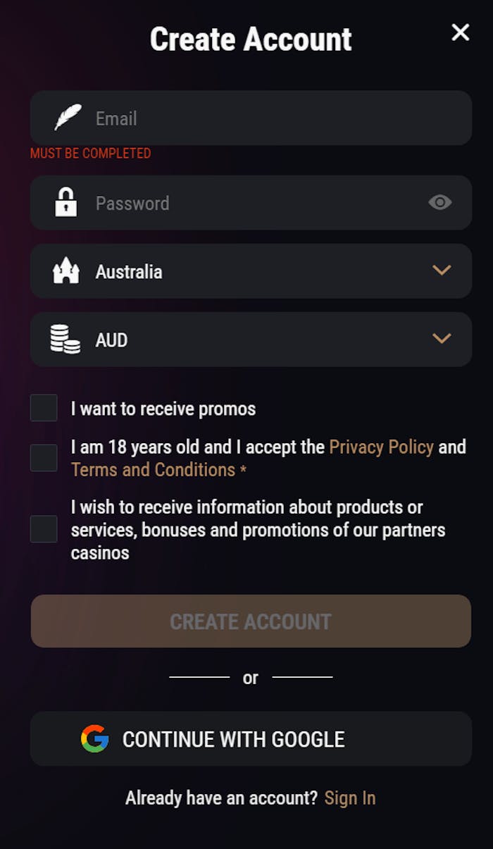 King Billy Casino signup page