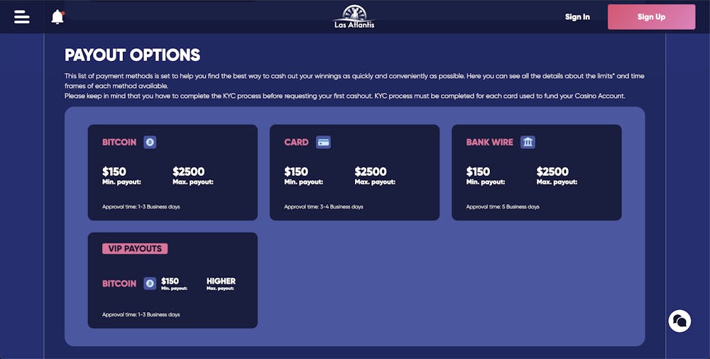 las atlantis payout methods