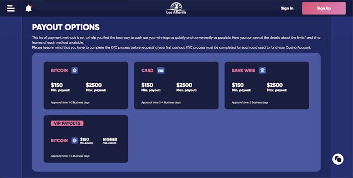 las atlantis payout methods