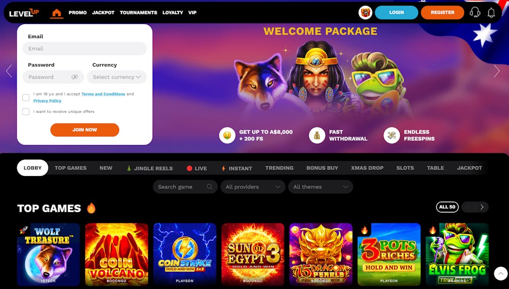 homepage of LevelUp Casino site