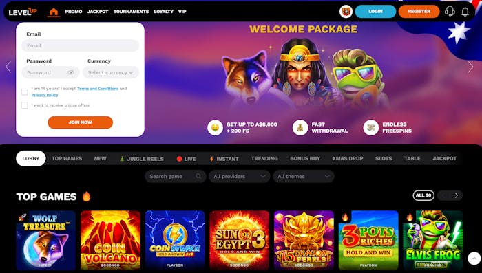 homepage of LevelUp Casino site
