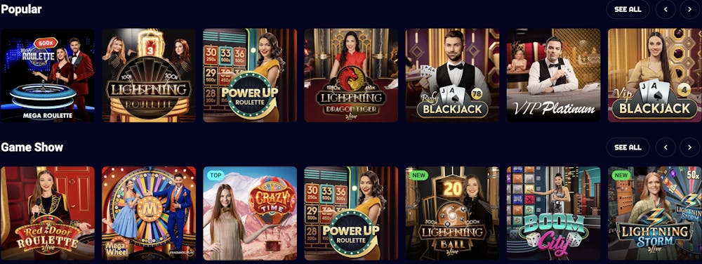 live casino game selection at spinjo casino