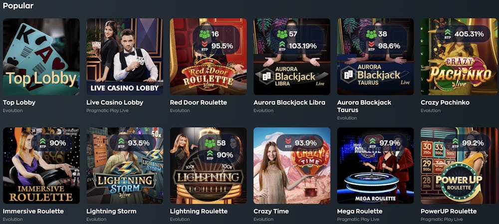 live casino game selection at vave casino with table games and roulette