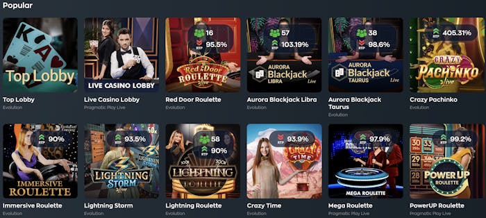 live casino game selection at vave casino with table games and roulette