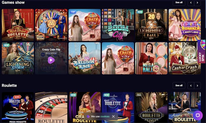 live casino games section of lucky7even roulette and table games