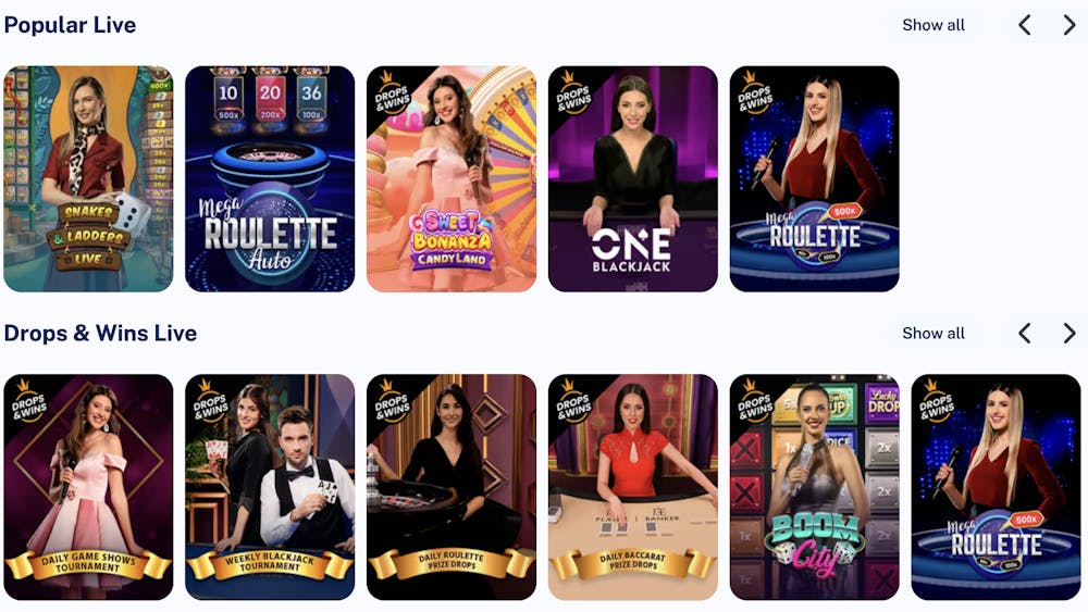 live casino games selection at dailyspins casino