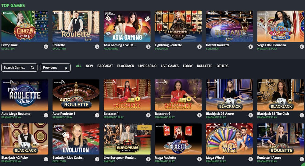 live casino page of betroom24 casino with many options from famous developers and games