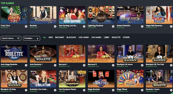 live casino page of betroom24 casino with many options from famous developers and games