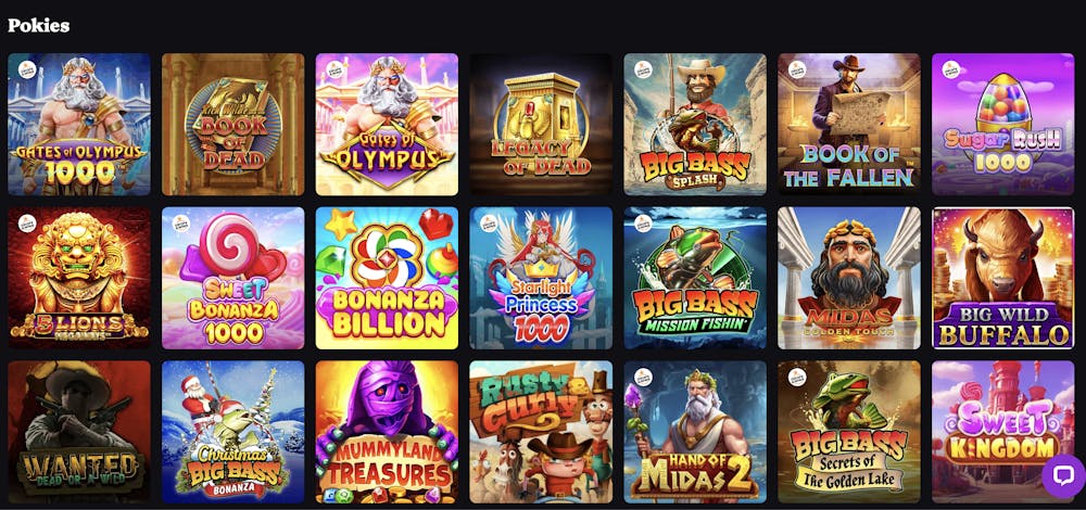 A grid of online pokie game thumbnails, including popular titles like 