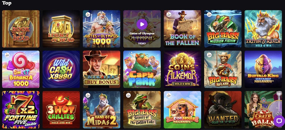 A grid of online pokie game thumbnails showcasing popular titles such as 